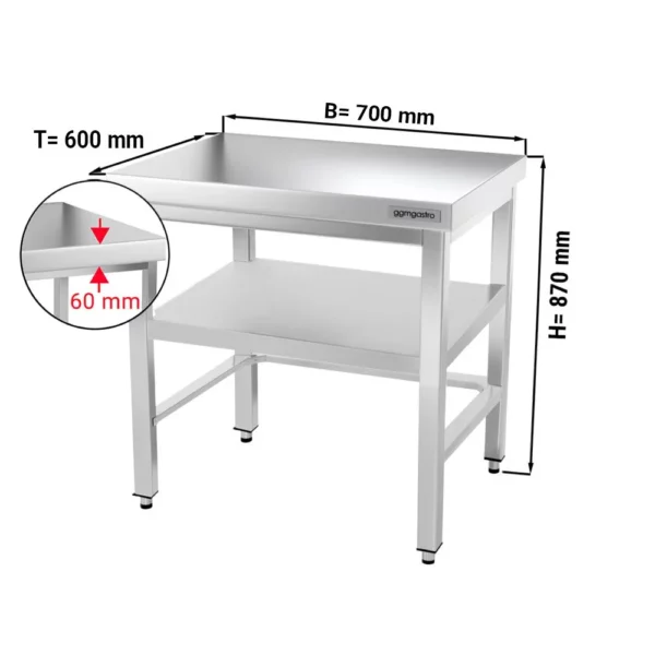 Nerezový pracovní stůl PREMIUM - 700x600mm - s podnoží a výztuhou