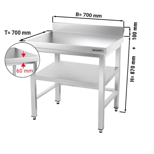 Nerezový pracovní stůl PREMIUM - 700x700mm - s podnoží, podpěrou a výztuhou