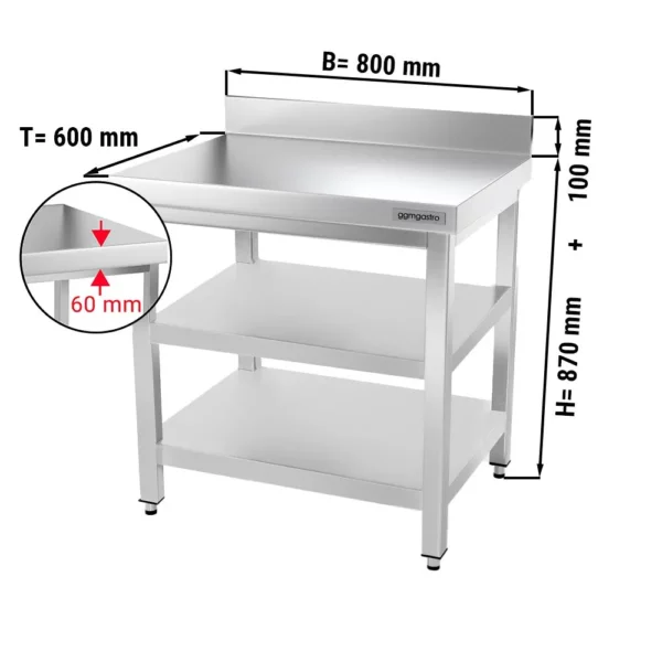 Nerezový pracovní stůl PREMIUM - 800x600mm - se základní policí, podstavcem a mezipoličkou
