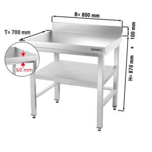 Nerezový pracovní stůl PREMIUM - 800x700mm - s podnoží, podpěrou a výztuhou