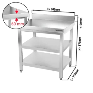 Nerezový pracovní stůl PREMIUM - 800x700mm - se základní policí, podstavcem a mezipoličkou