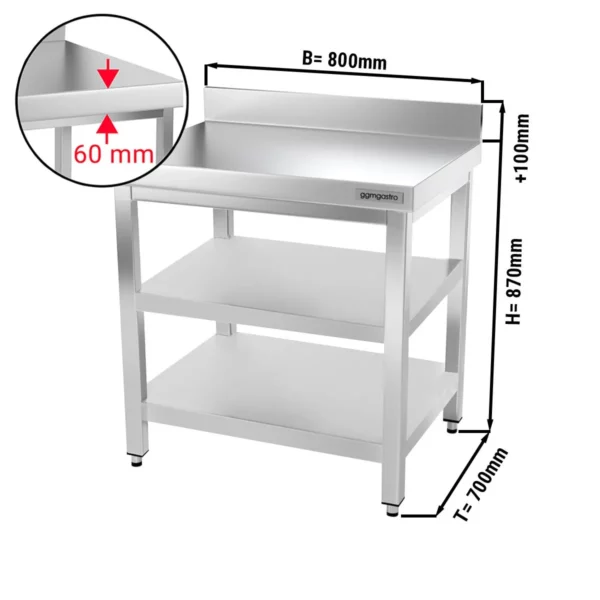 Nerezový pracovní stůl PREMIUM - 800x700mm - se základní policí, podstavcem a mezipoličkou