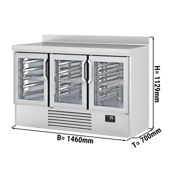 Chladící stůl PREMIUM PLUS - 1460 x 700 mm - se 3 skleněnými dvířky a zadní stěnou
