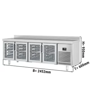 Chladící stůl PREMIUM PLUS - 2452 x 600 mm - se 4 skleněnými dveřmi a podstavcem