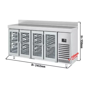 Barový a nápojový chladící stůl Premium PLUS - 2452 x 600 mm - se 4 skleněnými dveřmi a zadní stěnou