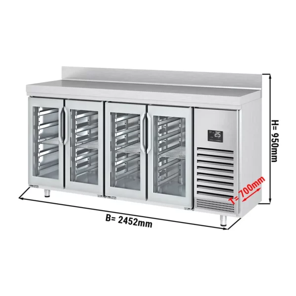 Barový a nápojový chladící stůl Premium PLUS - 2452 x 600 mm - se 4 skleněnými dveřmi a zadní stěnou
