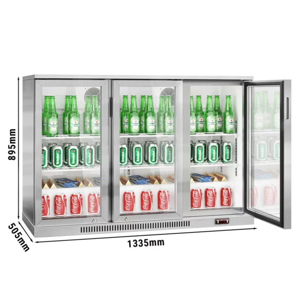 Barový chladící stůl - 1,33 m - 320L - se 3 skleněnými dveřmi & 2 policemi - nerezová ocel
