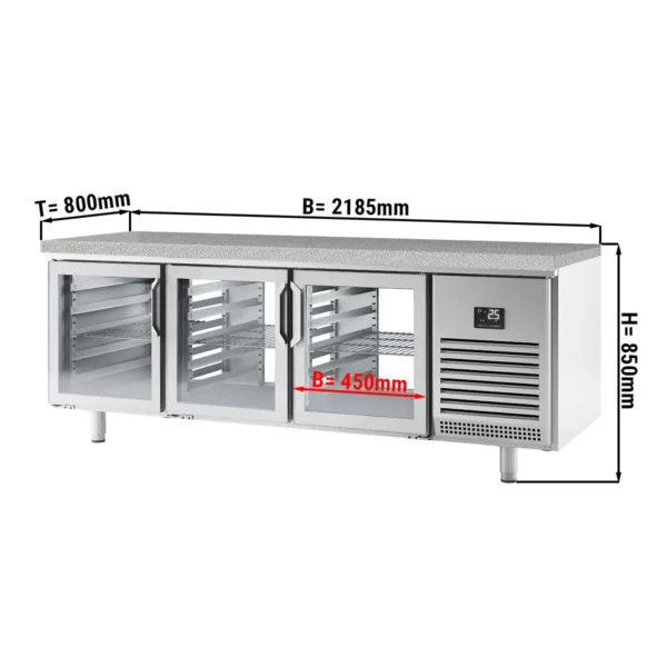 Pekařský chladící stůl Premium PLUS - 2185x800mm - se skleněnými dvířky na obou stranách a žulovou pracovní deskou