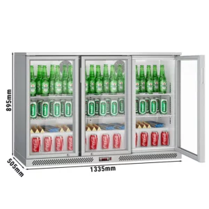 Barový chladící stůl - 1,33 m - 320L - se 3 skleněnými dveřmi & 2 policemi - šedý