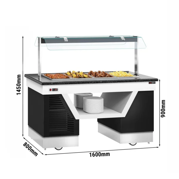 Bufetová vitrína topná - s Bain Marie & kolečky - 1600mm - pro 4x GN 1/1