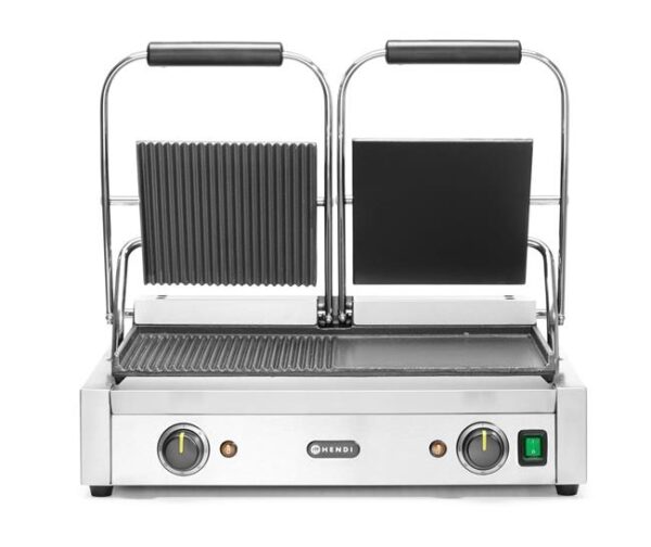 Dvojitý kontaktný gril, HENDI, napoly hladký, napoly drážkovaný, 230V/3600W, 575x430x(H)510mm