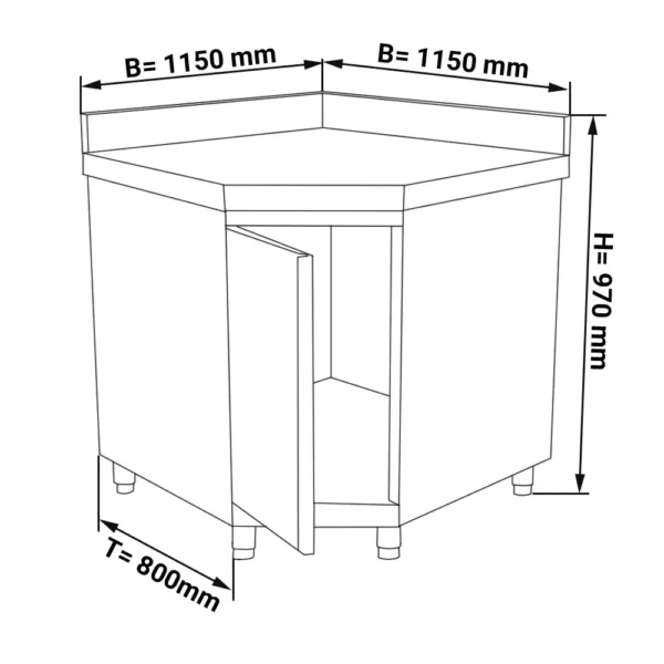 Nerezová rohová pracovní skříňka PREMIUM s křídlovými dveřmi a podstavcem 1150x800 mm - Image 4