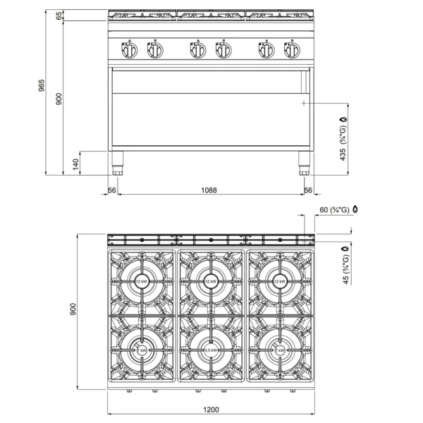 Plynový sporák - 53,5 kW - 6 hořáků - Image 4