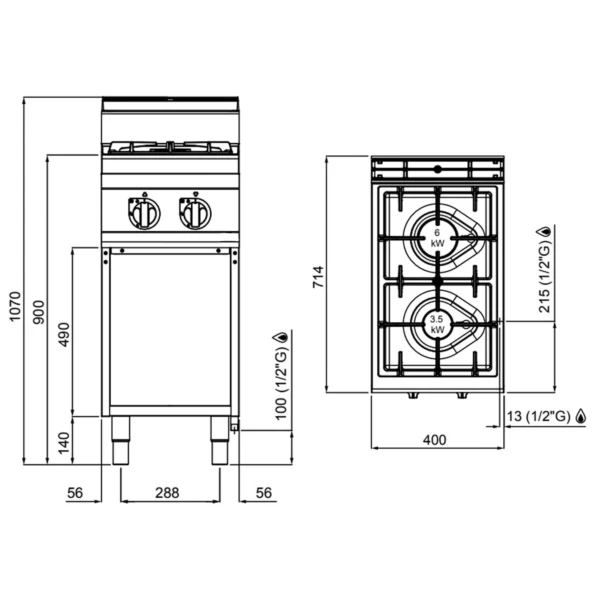 Plynový sporák s podstavcem - 9,5 kW - 2 hořáky - Image 2