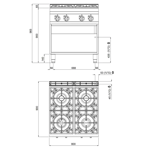 Plynový sporák - 34,5 kW - 4 hořáky - Image 2