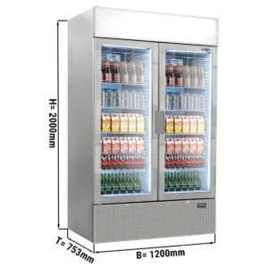 Chladnička na nápoje - 1200 litrů - bezrámové provedení - 2 skleněné dveře a reklamní stojan