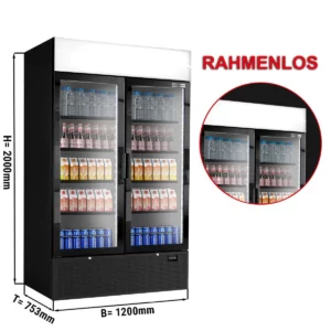Chladnička na nápoje - 1200 litrů - bezrámové provedení - 2 skleněné dveře a reklamní stojan