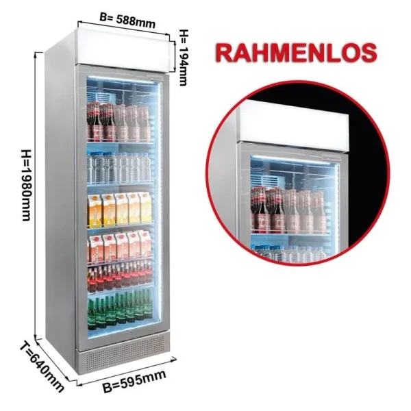 Chladnička na nápoje - 345 litrů - bezrámové provedení - 1 skleněná dvířka a reklamní stojan