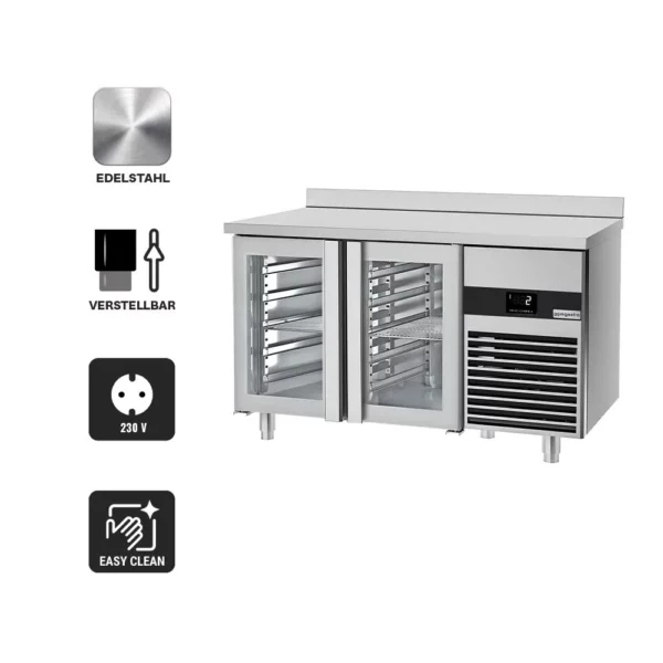 Chladící stůl PREMIUM - 1400x700mm - se 2 skleněnými dvířky a zadním krytem - Image 3