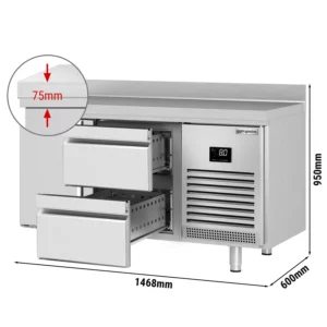 Chladící stůl PREMIUM PLUS - 1468x600 mm - s 1 dvířky a 2 zásuvkami a se zadní stěnou