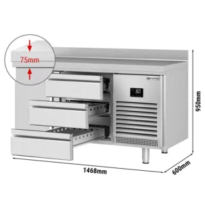 Chladící stůl PREMIUM PLUS - 1468x600 mm - s 1 dvířky a 3 zásuvkami a se zadní stěnou