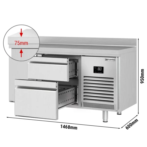 Chladící stůl PREMIUM PLUS - 1468x600 mm - s 1 dvířky a 2 zásuvkami a se zadní stěnou