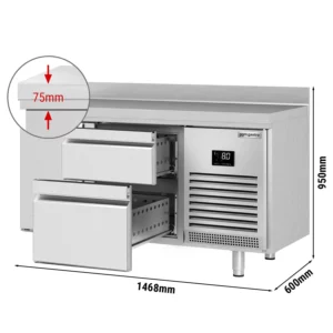 Chladící stůl PREMIUM PLUS - 1468x600 mm - s 1 dvířky a 2 zásuvkami a se zadní stěnou