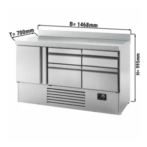 Chladící stůl PREMIUM PLUS - 1460x700 mm - s 1 dvířky a 4 zásuvkami a se zadní stěnou