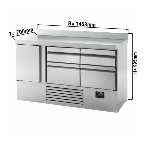 Chladící stůl PREMIUM PLUS - 1460x700 mm - s 1 dvířky a 4 zásuvkami a se zadní stěnou