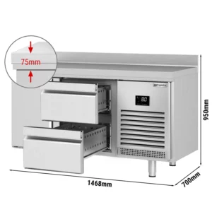 Chladící stůl PREMIUM PLUS - 1468x700 mm - s 1 dvířky a 2 zásuvkami a se zadním krytem