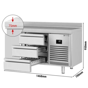 Chladící stůl PREMIUM PLUS - 1468x700 mm - s 1 dvířky a 3 zásuvkami a se zadní stěnou