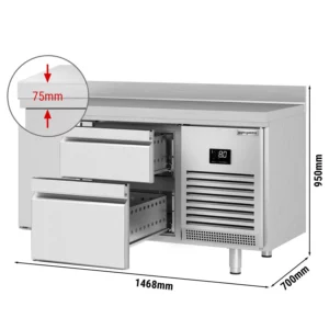 Chladící stůl PREMIUM PLUS - 1468x700 mm - s 1 dvířky a 2 zásuvkami a se zadním krytem