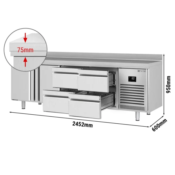 Chladící stůl PREMIUM PLUS - 2452 x 600 mm - se 2 dvířky a 4 zásuvkami a se zadní stěnou