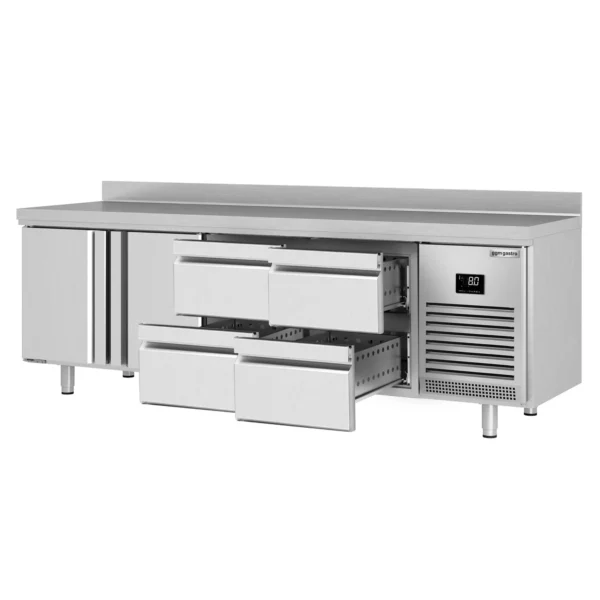 Chladící stůl PREMIUM PLUS - 2452 x 600 mm - se 2 dvířky a 4 zásuvkami a se zadní stěnou - Image 7