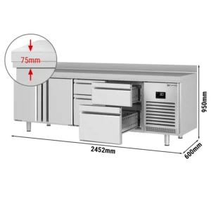 Chladící stůl PREMIUM PLUS - 2452 x 600 mm - se 2 dvířky a 4 zásuvkami a se zadní stěnou
