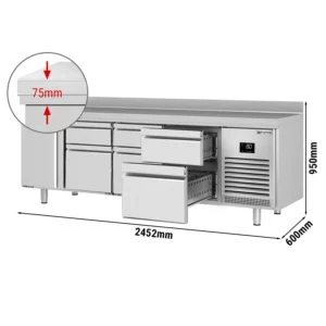 Chladící stůl PREMIUM PLUS - 2452 x 600 mm - s 1 dvířky a 6 zásuvkami a se zadní stěnou