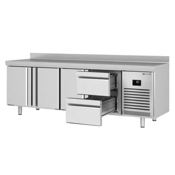 Chladící stůl PREMIUM PLUS - 2452 x 600 mm - se 3 dveřmi a 2 zásuvkami a se zadní stěnou - Image 7