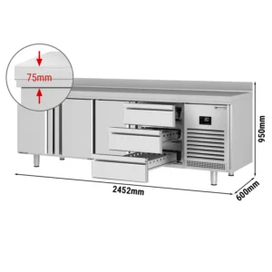 Chladící stůl PREMIUM PLUS - 2452 x 600 mm - se 3 dveřmi a 3 zásuvkami a se zadním krytem