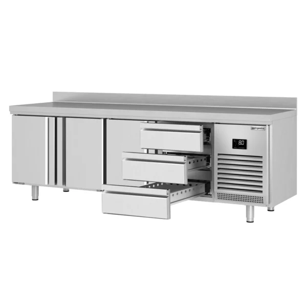 Chladící stůl PREMIUM PLUS - 2452 x 600 mm - se 3 dveřmi a 3 zásuvkami a se zadním krytem - Image 7
