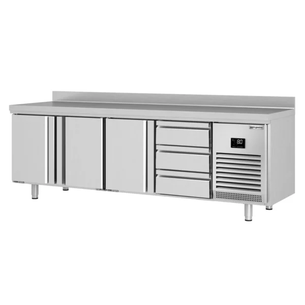 Chladící stůl PREMIUM PLUS - 2452 x 700 mm - se 3 dveřmi a 3 zásuvkami a se zadním krytem - Image 6