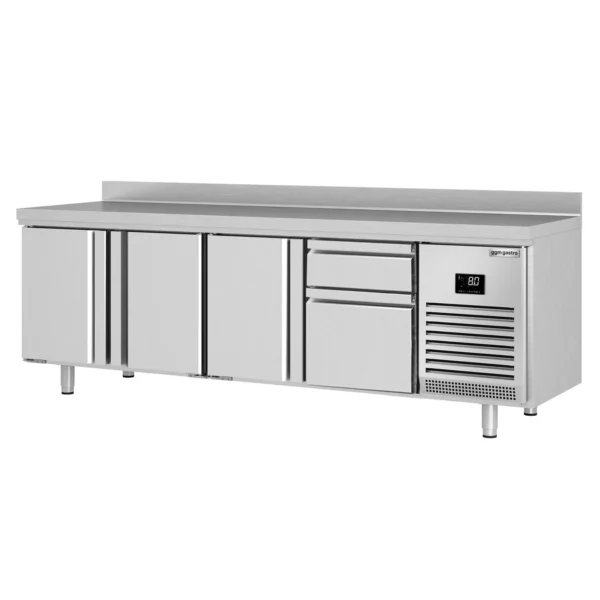 Chladící stůl PREMIUM PLUS - 2452 x 600 mm - se 3 dveřmi a 2 zásuvkami a se zadní stěnou - Image 8