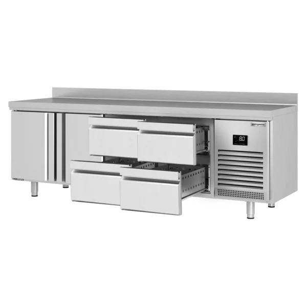 Chladící stůl PREMIUM PLUS - 2452 x 700 mm - se 2 dvířky a 4 zásuvkami a se zadní stěnou - Image 8