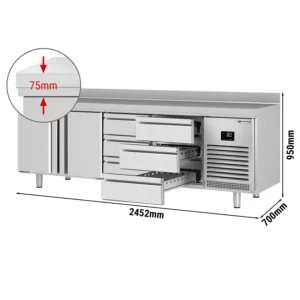 Chladící stůl PREMIUM PLUS - 2452 x 700 mm - se 2 dvířky a 6 zásuvkami a se zadní stěnou