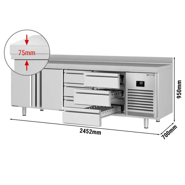 Chladící stůl PREMIUM PLUS - 2452 x 700 mm - se 2 dvířky a 6 zásuvkami a se zadní stěnou