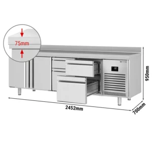 Chladící stůl PREMIUM PLUS - 2452 x 700 mm - se 2 dvířky a 4 zásuvkami a se zadní stěnou