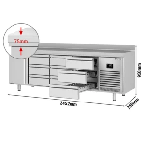 Chladící stůl PREMIUM PLUS - 2452 x 700 mm - s 1 dvířky a 9 zásuvkami a se zadní stěnou