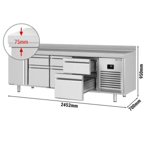 Chladící stůl PREMIUM PLUS - 2452 x 700 mm - s 1 dvířky a 6 zásuvkami a se zadní stěnou