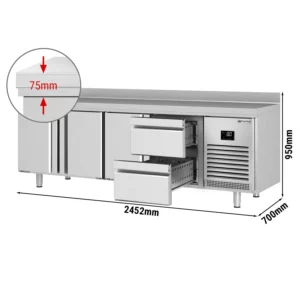 Chladící stůl PREMIUM PLUS - 2452 x 700 mm - se 3 dveřmi a 2 zásuvkami a se zadní stěnou