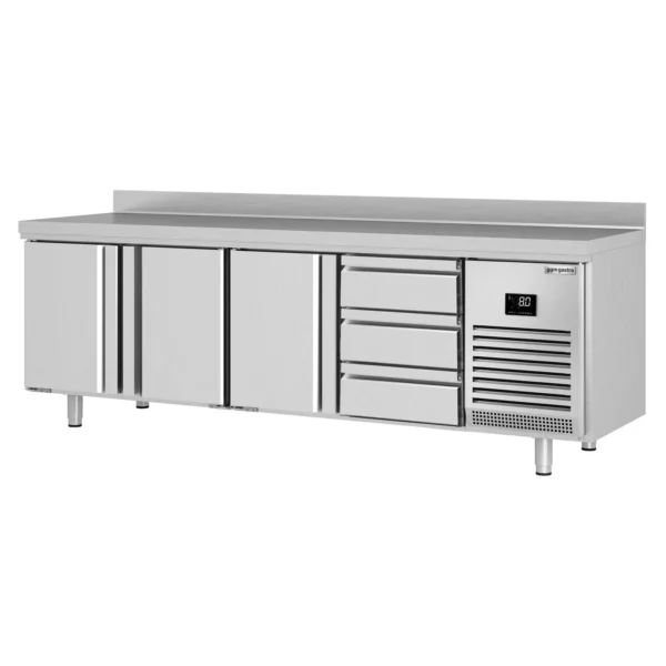 Chladící stůl PREMIUM PLUS - 2452 x 700 mm - se 3 dveřmi a 3 zásuvkami a se zadním krytem - Image 9