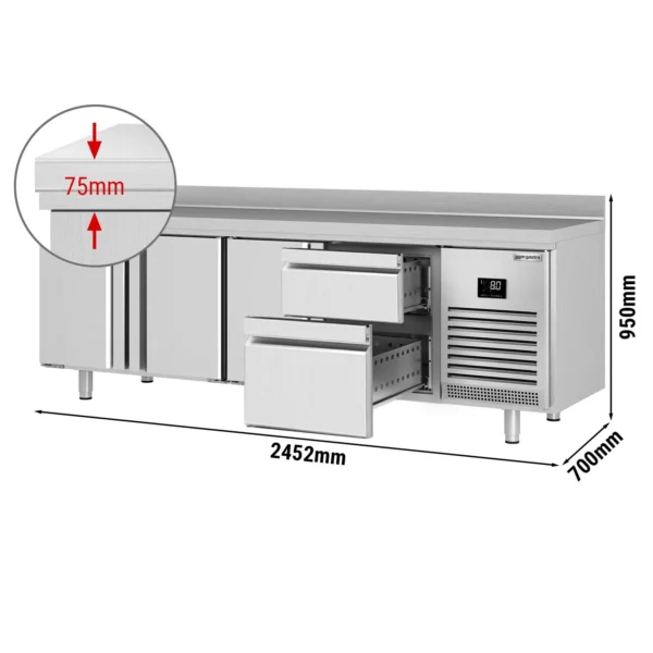 Chladící stůl PREMIUM PLUS - 2452 x 700 mm - se 3 dveřmi a 2 zásuvkami a se zadní stěnou